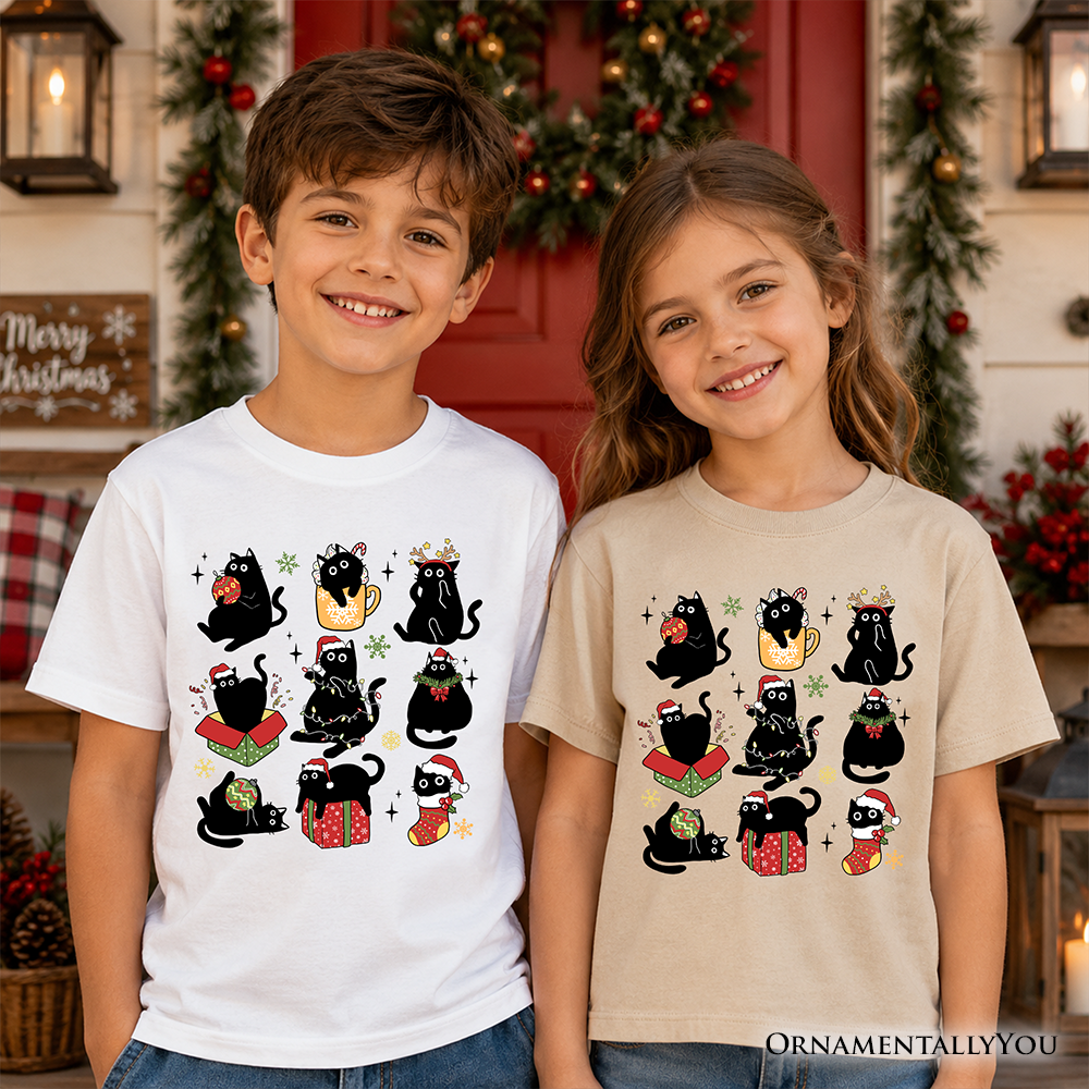 Kids Christmas Black Cats T-Shirt, Whimsical Cats with Santa Hat Youth Tee - Grazingbelles