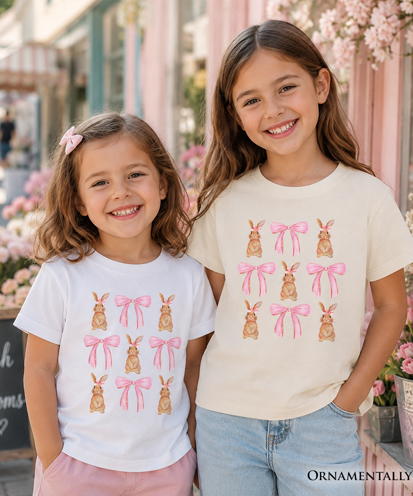 Kids Coquette Bunny Pink Bow Easter T-Shirt, Cute Girly Bunny Spring Tee for Youth - Grazingbelles