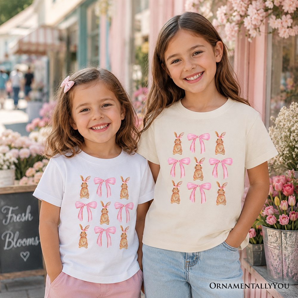 Kids Coquette Bunny Pink Bow Easter T-Shirt, Cute Girly Bunny Spring Tee for Youth - Grazingbelles