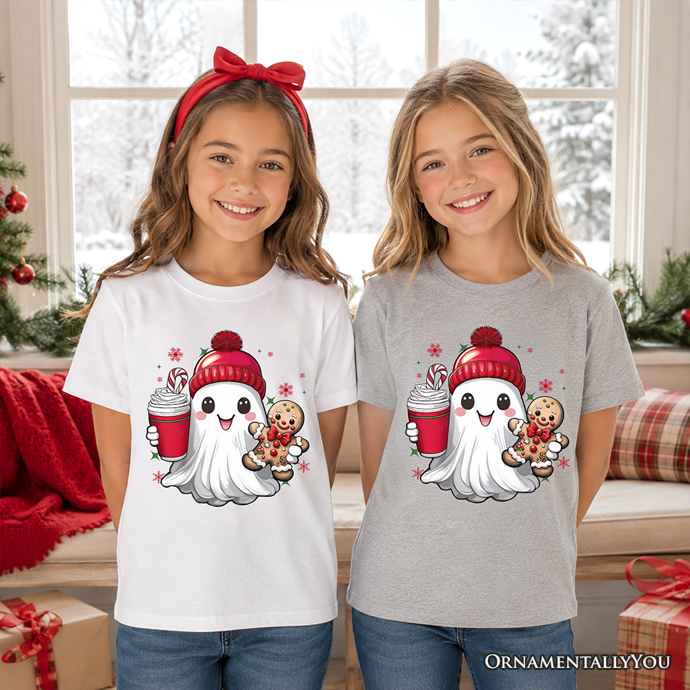 Kids Cute Ghost Christmas T-Shirt, Adorable Gingerbread and Cocoa Holiday Youth Tee - Grazingbelles