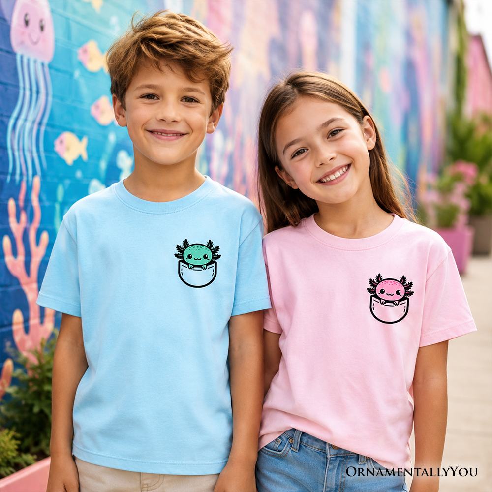 Kids Cute Pocket Blue Axolotl T-Shirt, Salamander Animal Tee for Youth - Grazingbelles