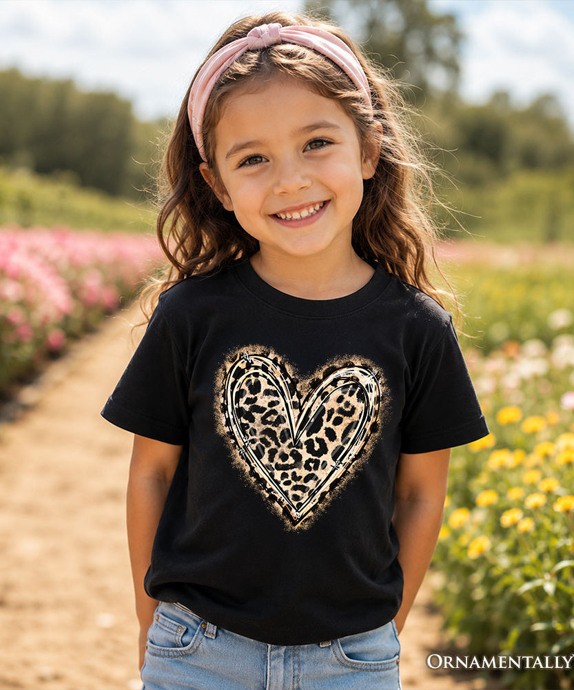 Kids Leopard Heart Valentine T-Shirt, Watercolor Love Tee for Youth