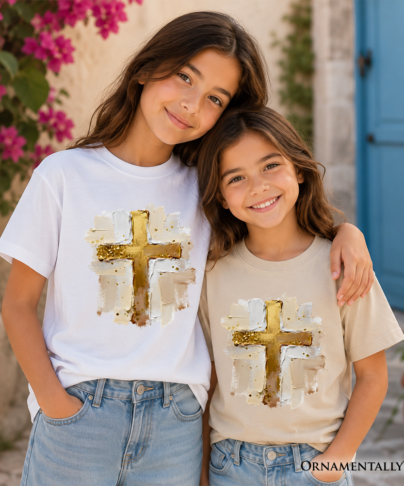 Kids Oil Brushstroke Cross T-Shirt, Christian Faith Jesus Easter Tee for Youth