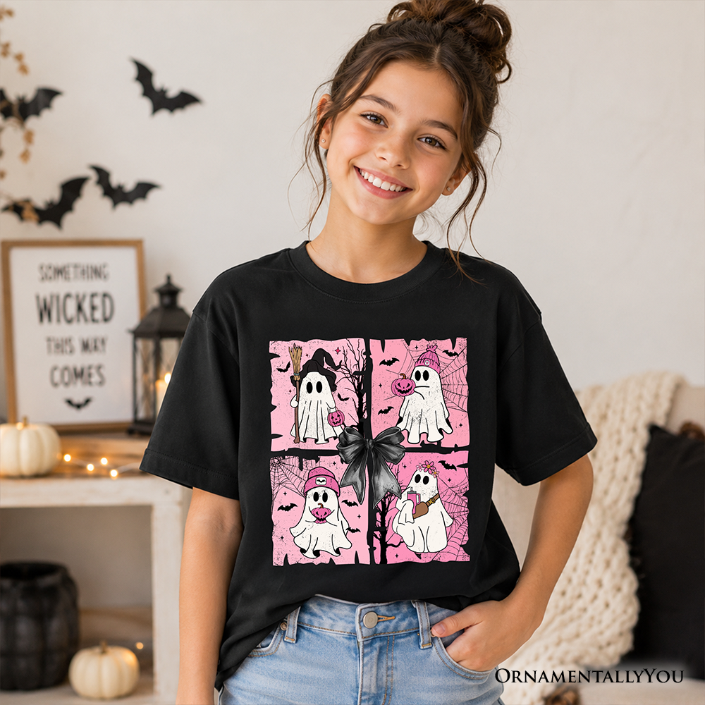 Kids Pink Halloween Ghost T-Shirt, Coquette Spooky Season Tee for Youth - Grazingbelles