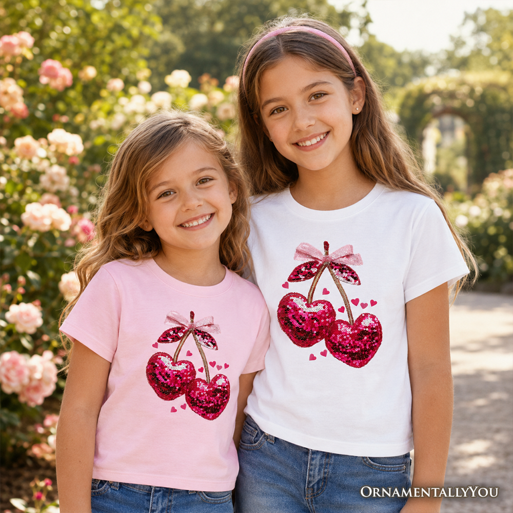 Kids Sequin Pink Cherry Heart Valentine T-Shirt, Mood for Love Coquette Tee for Youth Girls - Grazingbelles