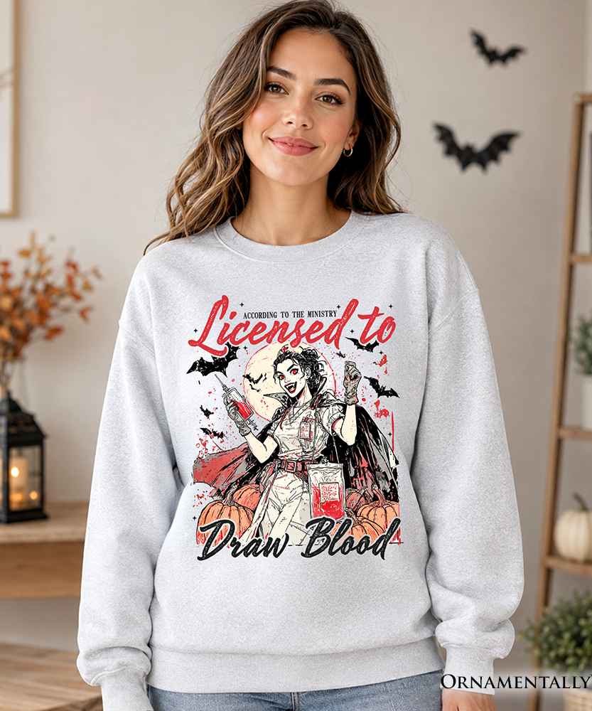 Licensed to Draw Blood Halloween Nurse Sweatshirt, Groovy Sweater for Spooky Season - Grazingbelles