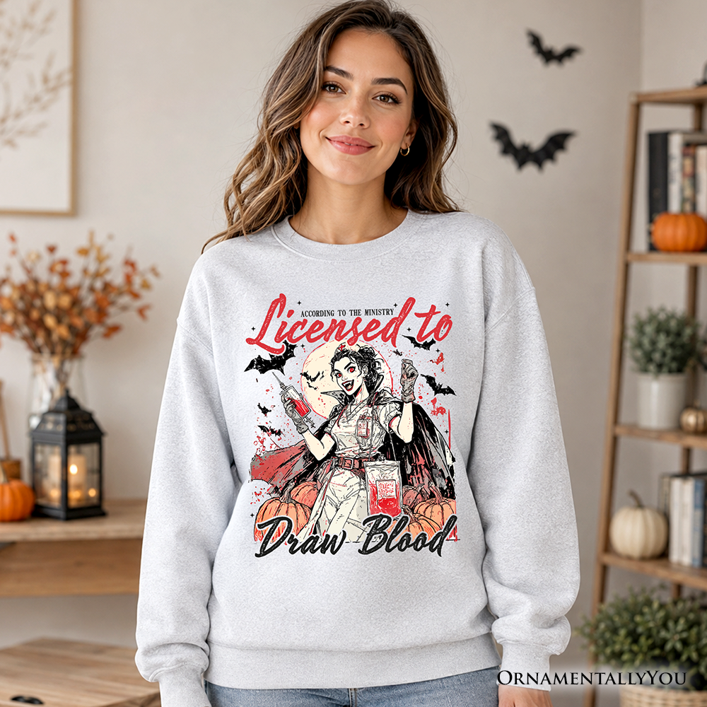 Licensed to Draw Blood Halloween Nurse Sweatshirt, Groovy Sweater for Spooky Season - Grazingbelles