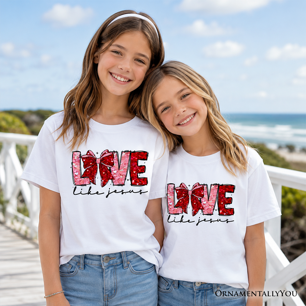 Love Like Jesus Kids Valentine T-Shirt, Coquette Bow Christian Hearts Tee for Youth - Grazingbelles