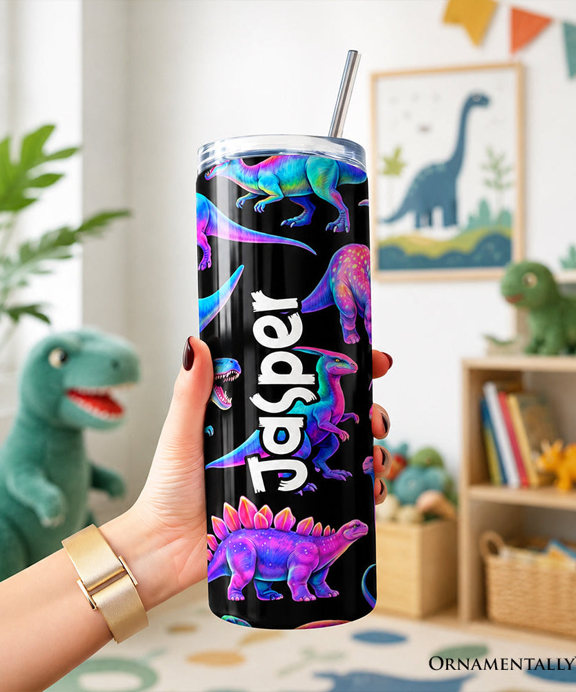 Neon Dinosaur Pattern 20oz Personalized Tumbler With Lid and Stainless Steel Straw, Colorful Prehistoric Gift Cup