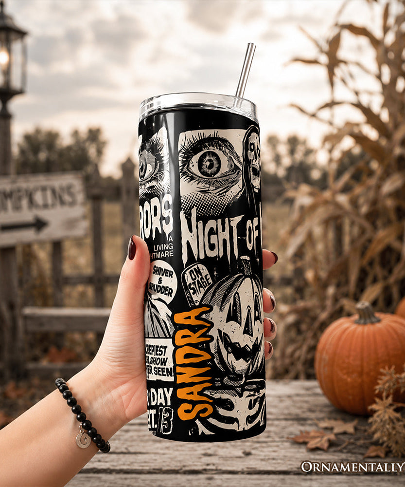 Night of Horrors Retro Halloween 20oz Personalized Tumbler With Lid and Stainless Steel Straw, Vintage Spooky Poster Gift Cup