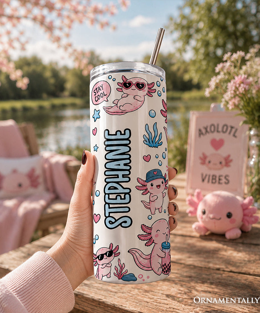 Pink Axolotl Vibe 20oz Personalized Tumbler With Lid and Stainless Steel Straw, Sea Animal Pattern Gift Cup - Grazingbelles