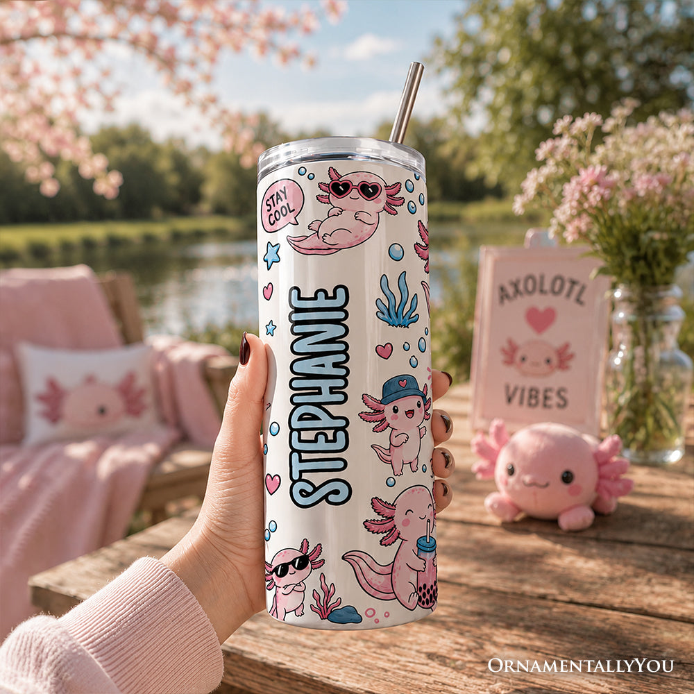 Pink Axolotl Vibe 20oz Personalized Tumbler With Lid and Stainless Steel Straw, Sea Animal Pattern Gift Cup - Grazingbelles