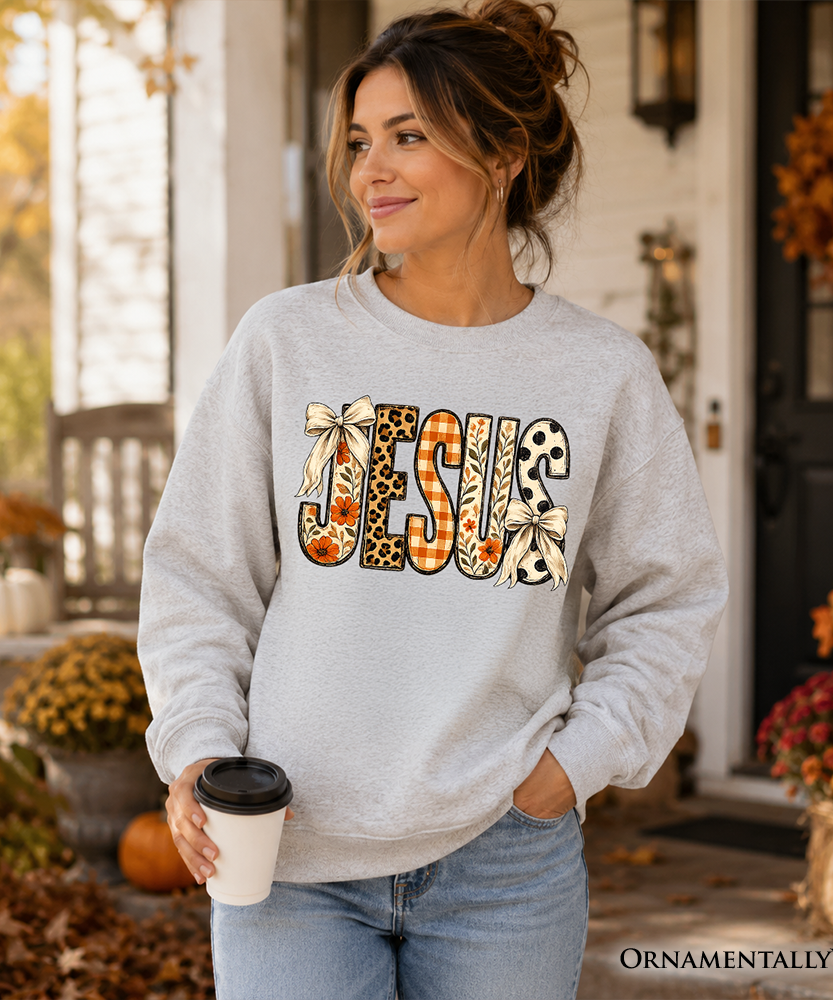 Jesus Coquette Fall Sweatshirt, Leopard Plaid Floral Christian Faith Sweater - Grazingbelles