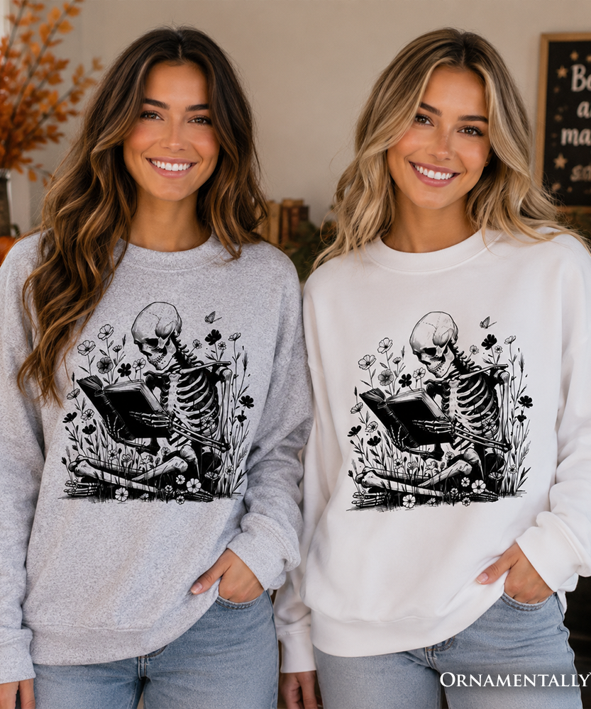 Gothic Reading Skeleton Sweatshirt, Floral Halloween Sweater for Spooky Bookworms - Grazingbelles