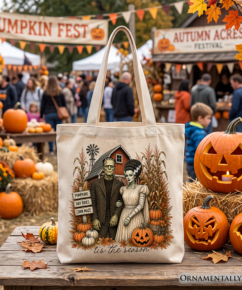 Frankenstein Couple Pumpkin Patch Tote Bag, Vintage Halloween Fall Festival Gift Shopper