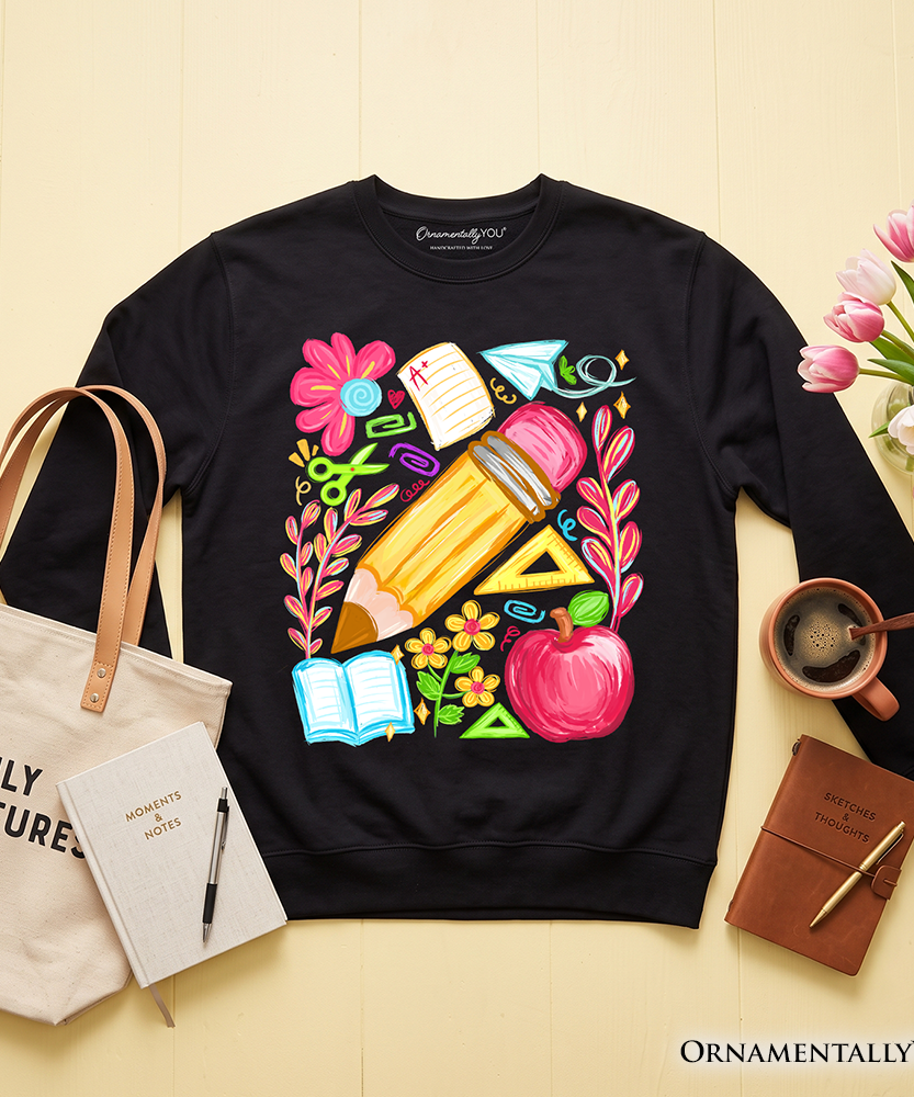Floral Teacher Pencil Sweatshirt, Colorful Back to School Sweater