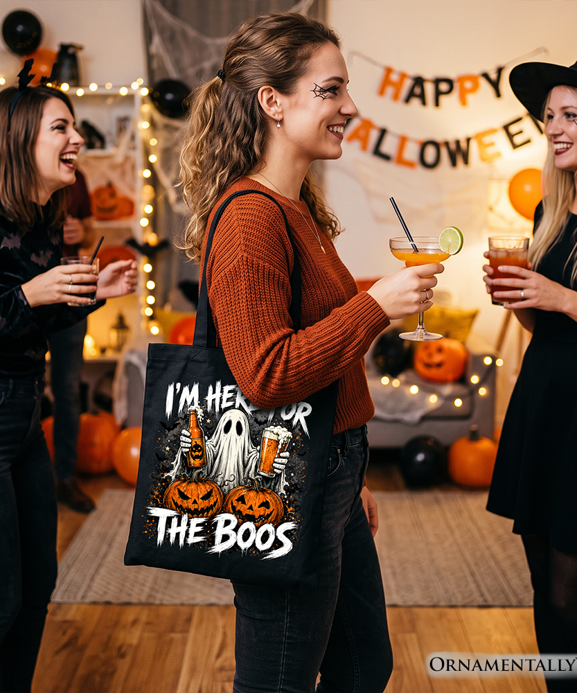 I’m Here for the Boos Ghost Tote Bag, Funny Halloween Beer Pumpkin Gift Shopper - Grazingbelles