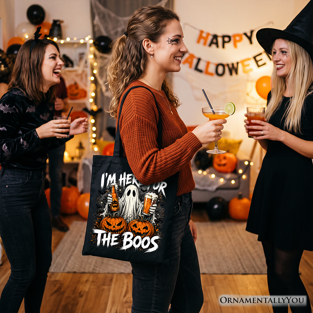 I’m Here for the Boos Ghost Tote Bag, Funny Halloween Beer Pumpkin Gift Shopper - Grazingbelles