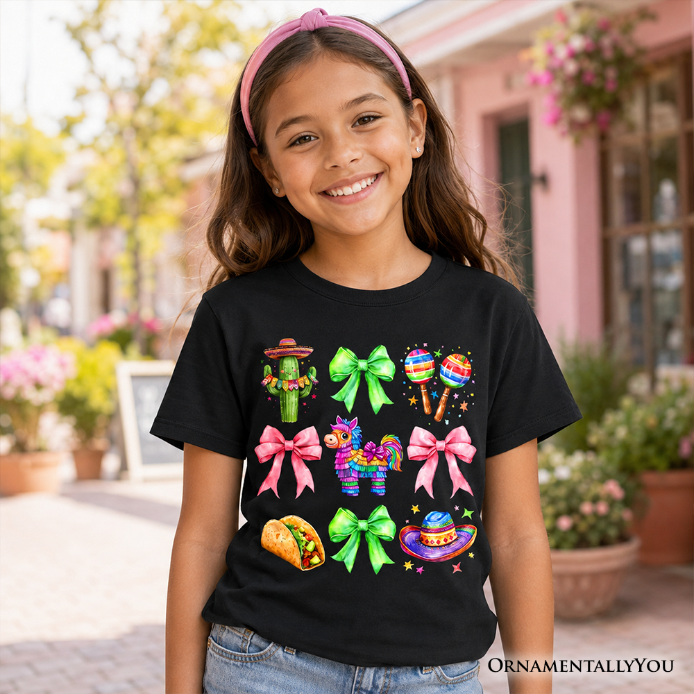 Kids Cinco De Mayo Coquette Bow T-Shirt, Mexican Fiesta Maracas Youth Tee - Grazingbelles