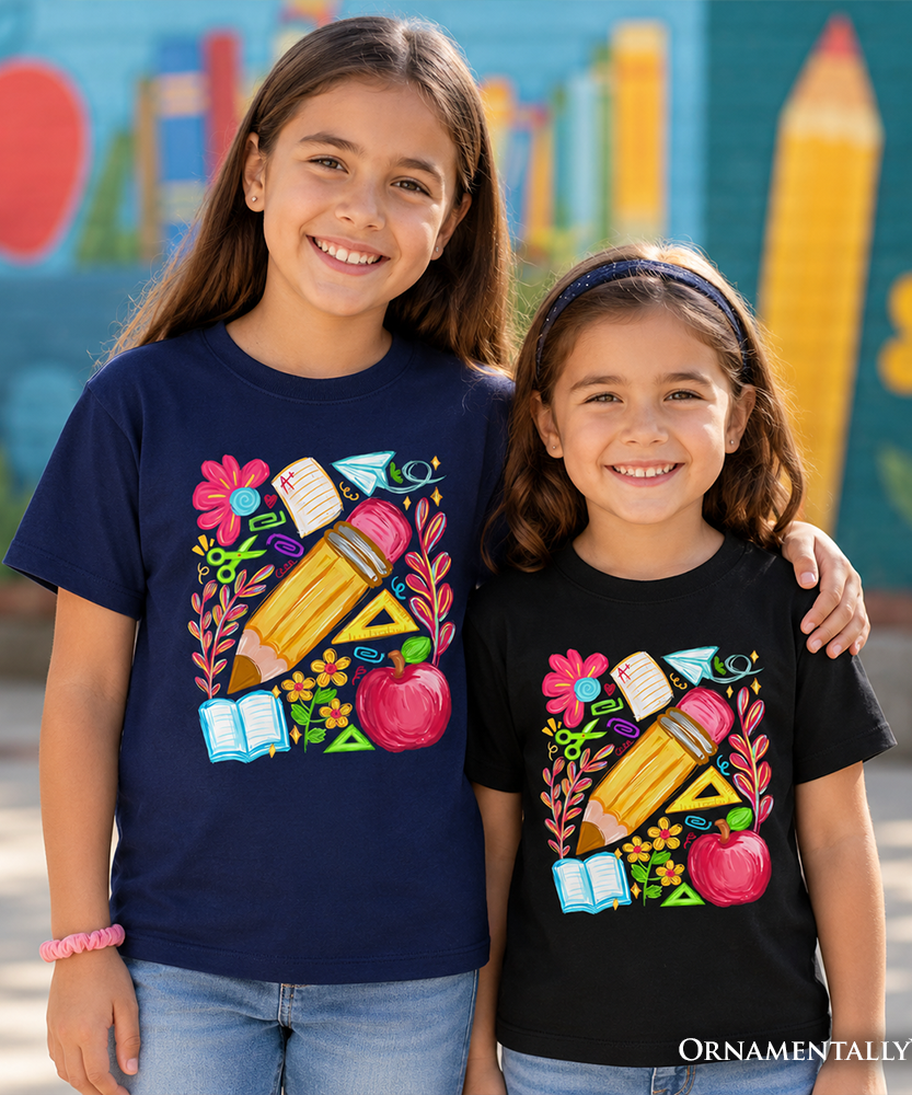 Kids Floral Student Pencil T-Shirt, Colorful Back to School Tee for Youth