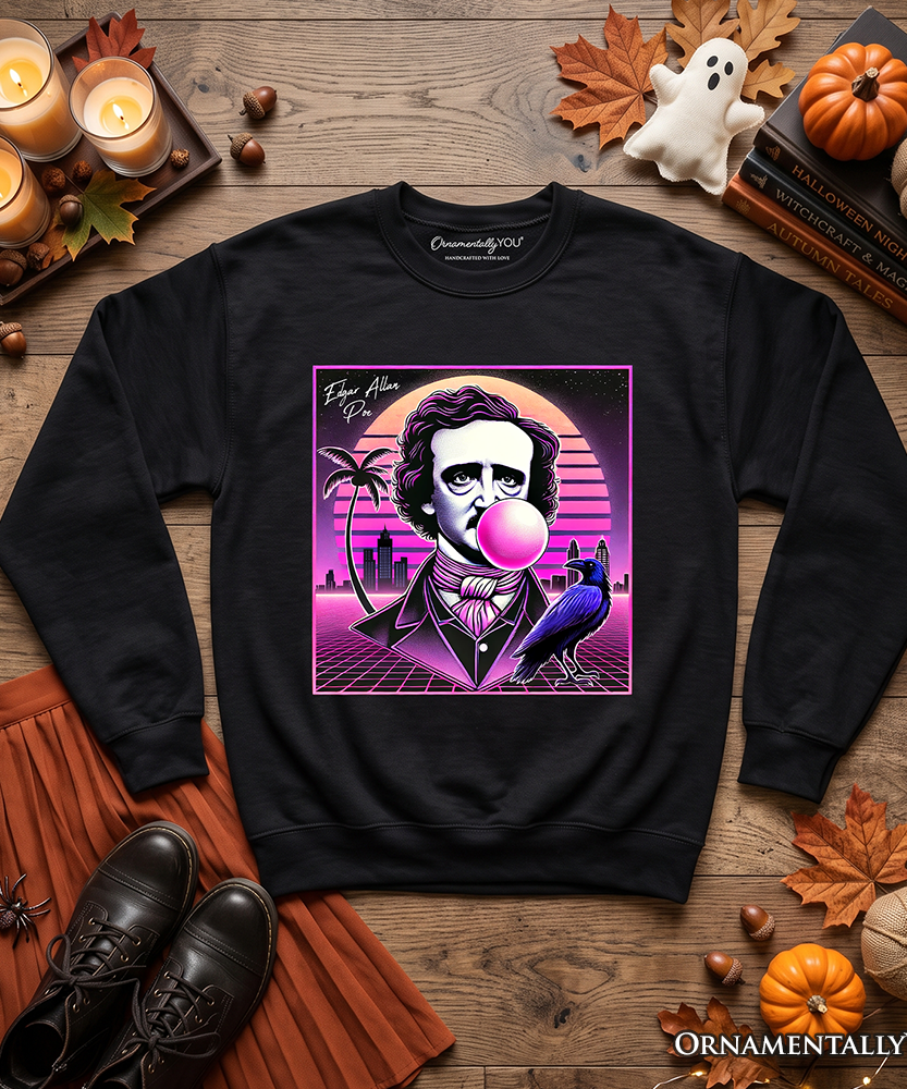 Synthwave 80's Styled Edgar Allan Poe Horror Sweatshirt, Vaperwave Classic Retro Neon Halloween Sweater - Grazingbelles