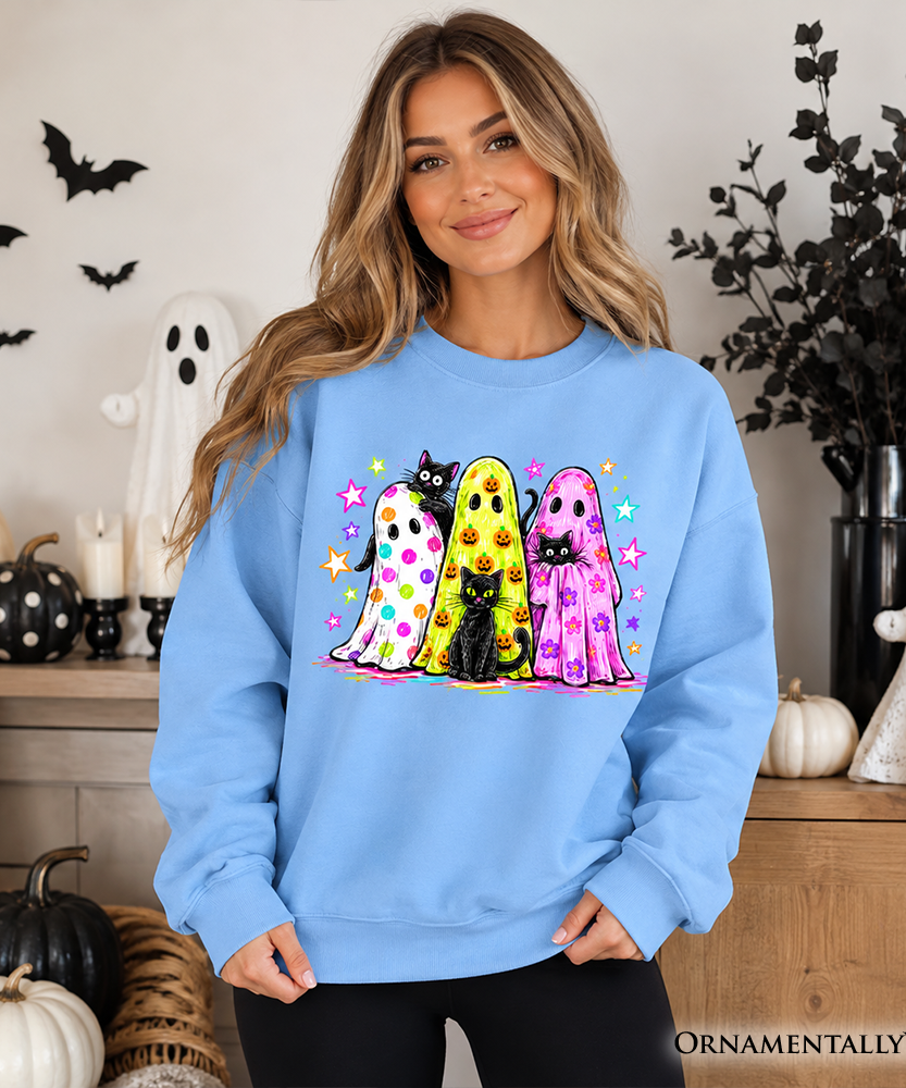 Colorful Ghosts and Black Cats Sweatshirt, Neon Halloween Spooky Season Sweater
