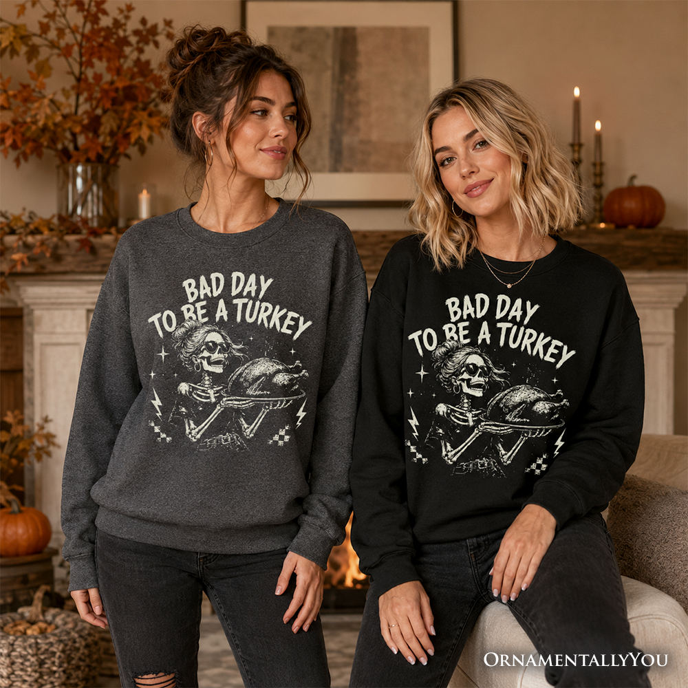 Bad Day to Be a Turkey Sweatshirt, Funny Vintage Thanksgiving Skeleton Sweater - Grazingbelles