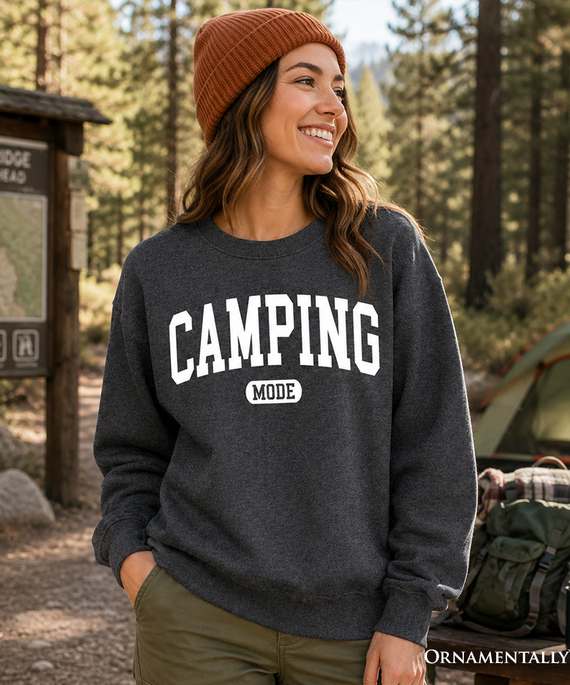 Camping Mode Varsity Sweatshirt, Minimalist Outdoors Sweater - Grazingbelles