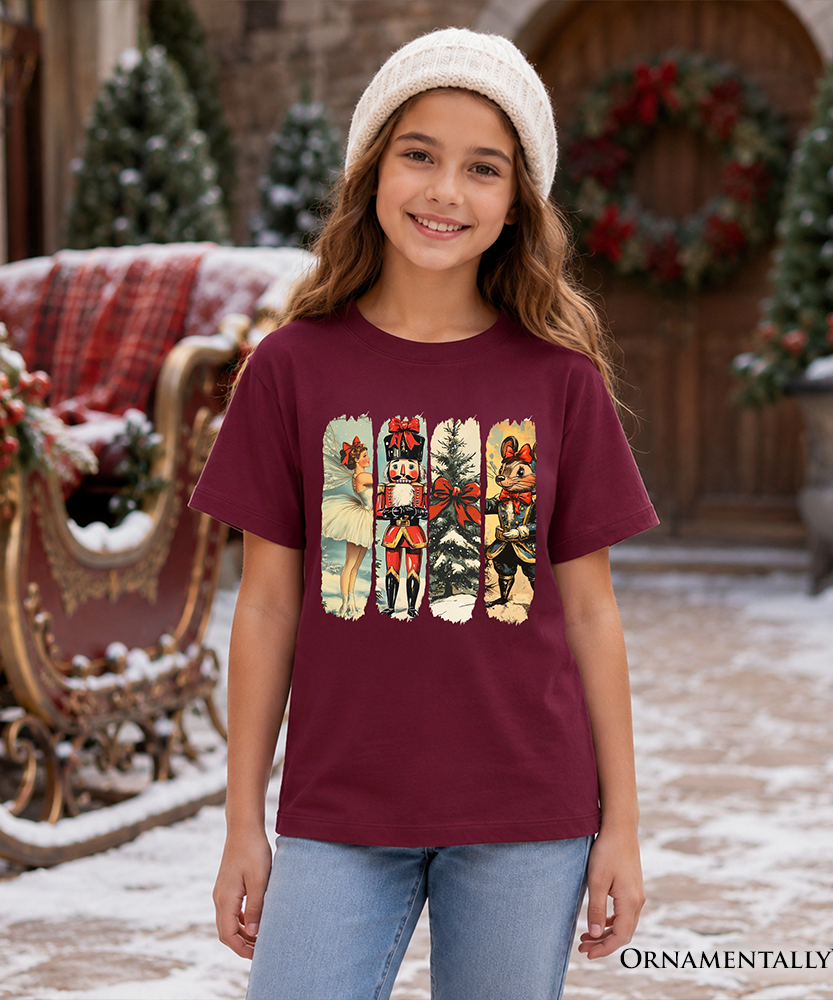 Kids Ballet and Nutcracker Christmas T-Shirt, Coquette Bow and Mouse Youth Vintage Holiday Tee