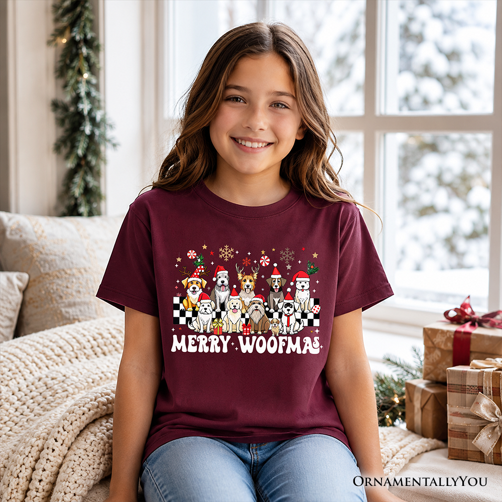 Kids Merry Woofmas Dog T-Shirt, Dogs With Santa Hats Christmas Youth Tee - Grazingbelles