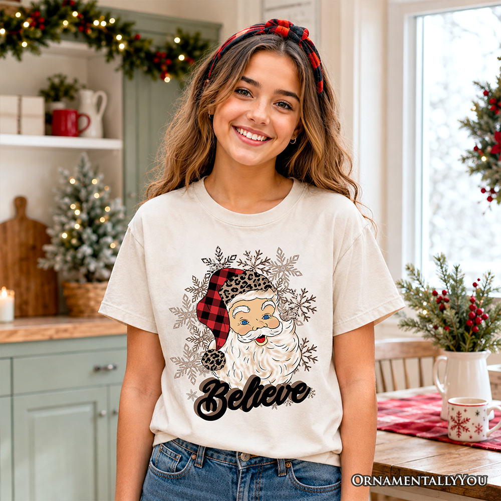 Kids Believe Santa Buffalo Plaid T-Shirt, Retro Christmas Youth Tee - Grazingbelles