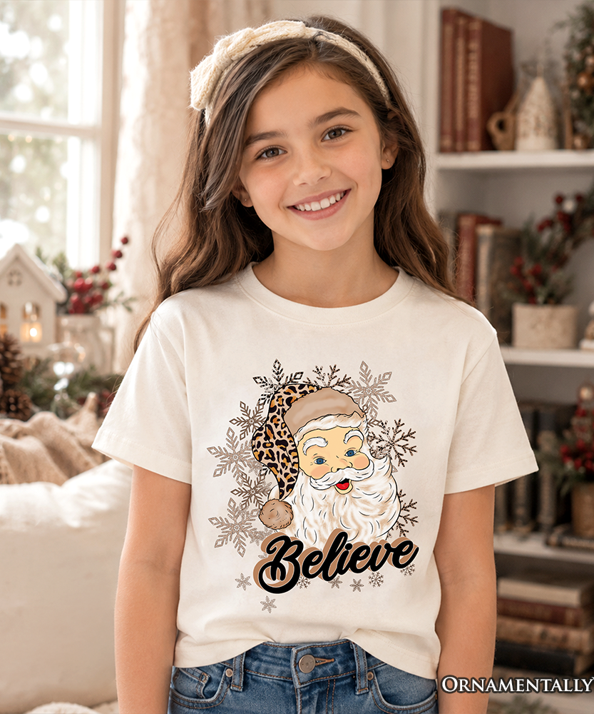 Kids Believe Santa Cheetah Leopard T-Shirt, Retro Christmas Youth Tee - Grazingbelles