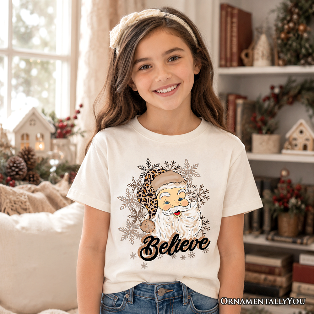 Kids Believe Santa Cheetah Leopard T-Shirt, Retro Christmas Youth Tee - Grazingbelles