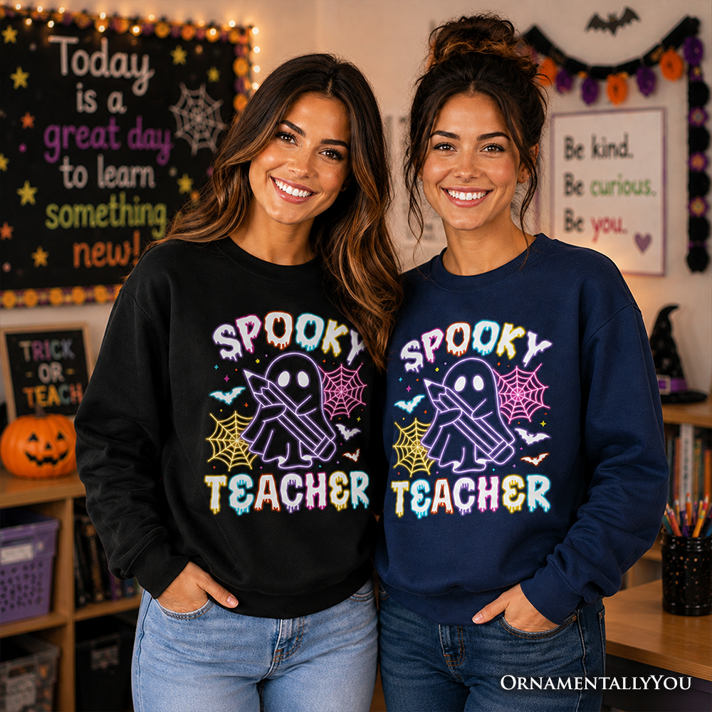 Spooky Teacher Neon Ghost Sweatshirt, Retro Halloween Sweater for Educators - Grazingbelles