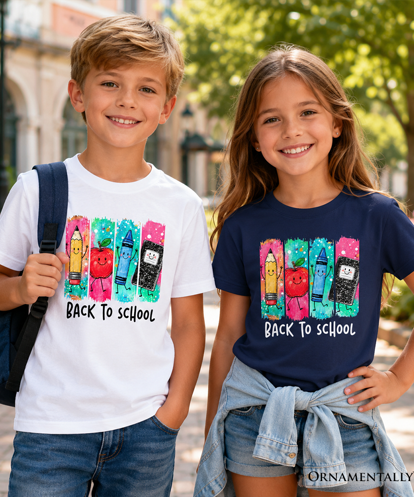 Kids Brushstroke Back to School T-Shirt, Apple Pencil Notebook Youth Tee for Student - Grazingbelles