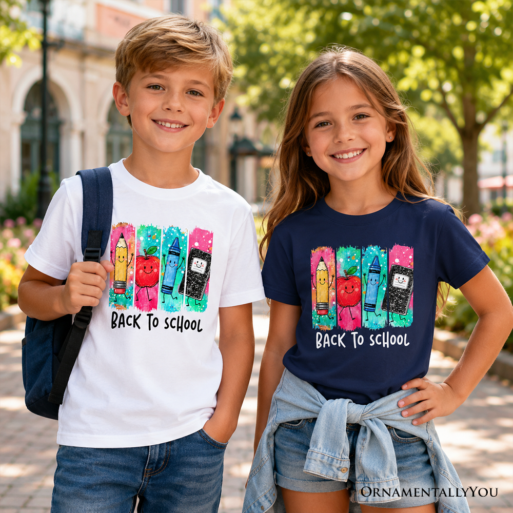 Kids Brushstroke Back to School T-Shirt, Apple Pencil Notebook Youth Tee for Student - Grazingbelles