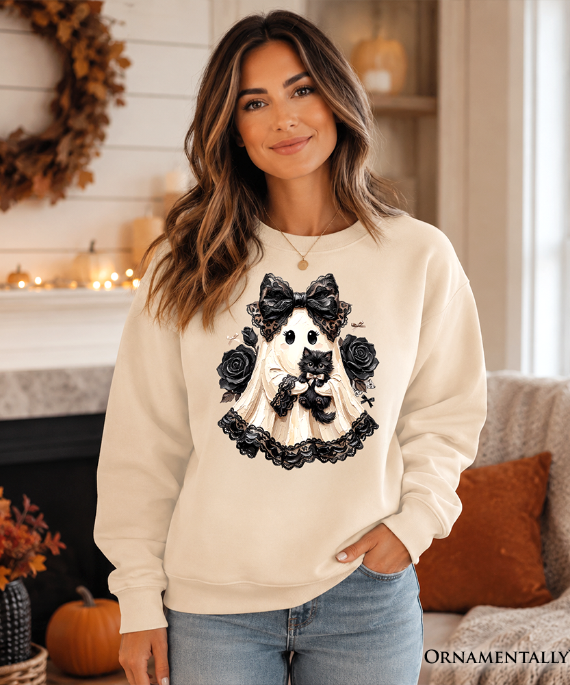 Gothic Ghost with Black Cat Sweatshirt, Black Rose Coquette Halloween Sweater - Grazingbelles