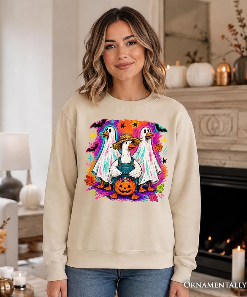 Trick or Treat Geese Sweatshirt, Colorful Halloween Ghost Costume Sweater