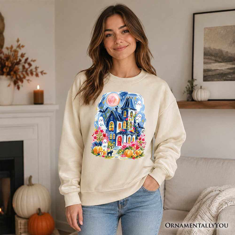 Watercolor Haunted House Sweatshirt, Colorful Ghost Pumpkin Halloween Sweater - Grazingbelles