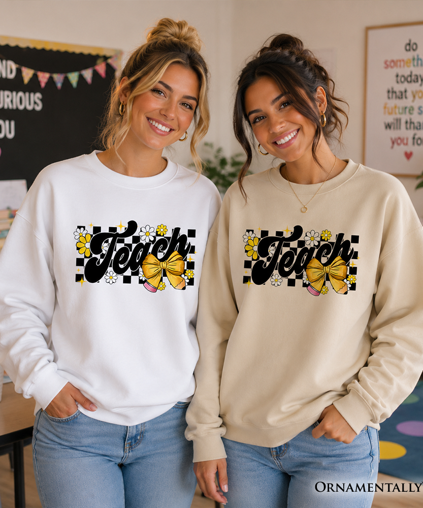 Teach Checkered Coquette Bow Sweatshirt, Retro Sweater for Trendy Teachers - Grazingbelles