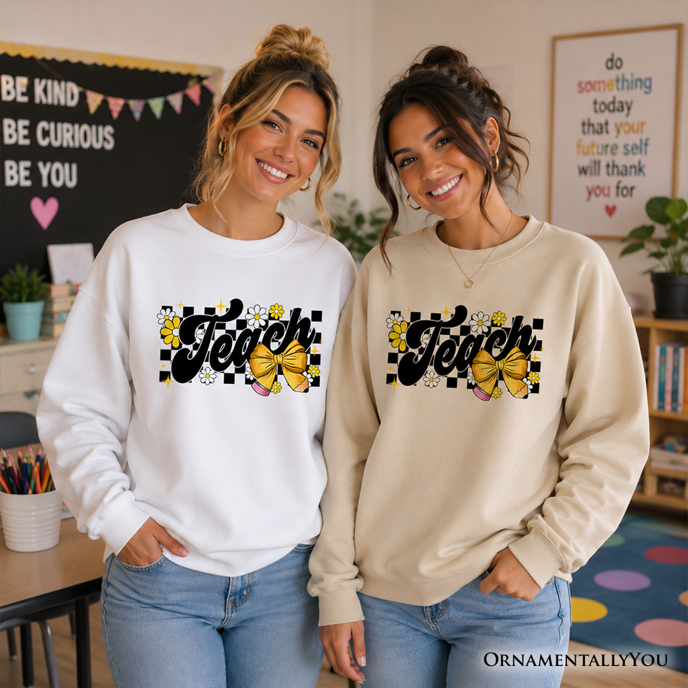 Teach Checkered Coquette Bow Sweatshirt, Retro Sweater for Trendy Teachers - Grazingbelles