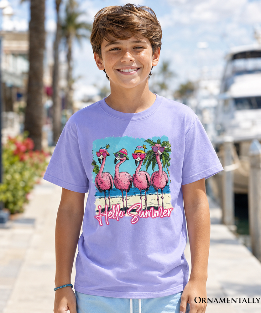 Kids Flamingo Hello Summer T-Shirt, Tropical Beach Vacation Youth Tee - Grazingbelles