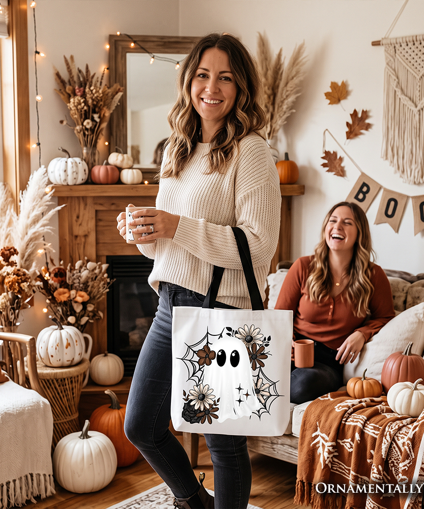 Floral Ghost Tote Bag, Neutral Boho Halloween Spider Web Gift Shopper - Grazingbelles