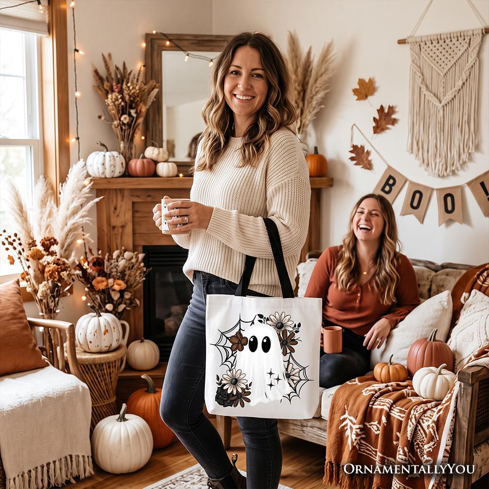 Floral Ghost Tote Bag, Neutral Boho Halloween Spider Web Gift Shopper - Grazingbelles