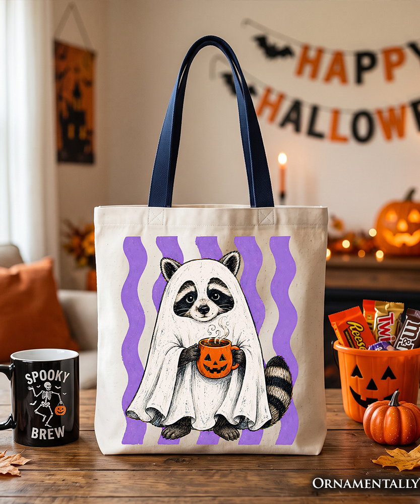 Ghost Costume Raccoon Tote Bag, Halloween Pumpkin Coffee Mug Gift Shopper - Grazingbelles