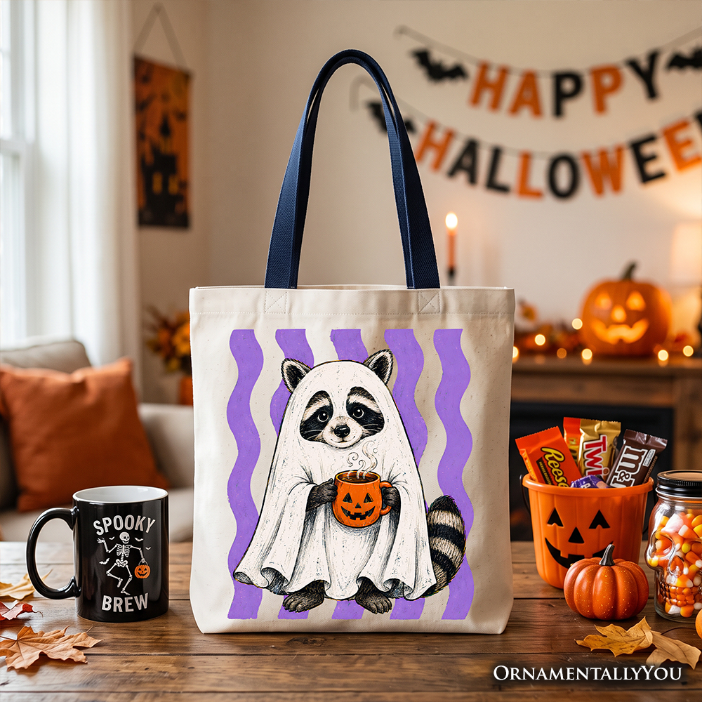 Ghost Costume Raccoon Tote Bag, Halloween Pumpkin Coffee Mug Gift Shopper - Grazingbelles