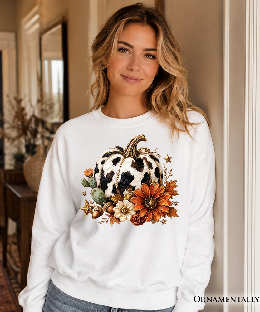 Cow Pumpkin Floral Sweatshirt, Western Autumn Harvest Sweater - Grazingbelles