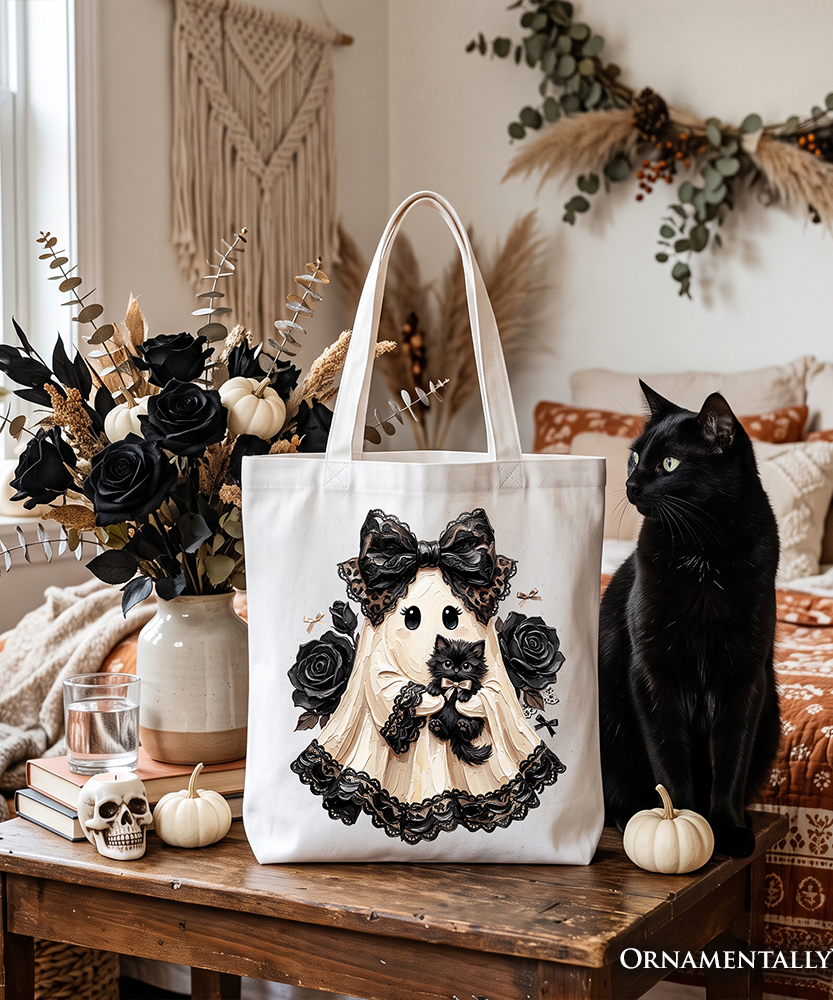 Gothic Ghost with Black Cat Tote Bag, Black Rose Coquette Halloween Gift Shopper - Grazingbelles