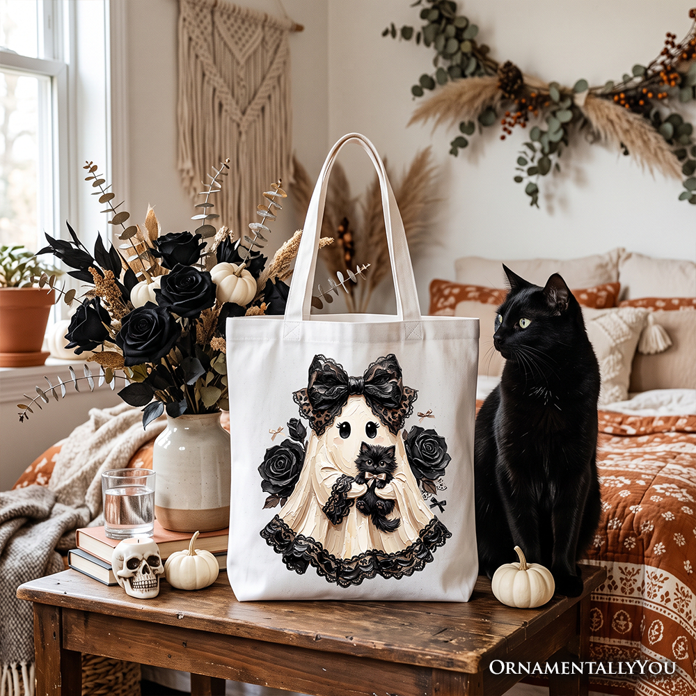 Gothic Ghost with Black Cat Tote Bag, Black Rose Coquette Halloween Gift Shopper - Grazingbelles
