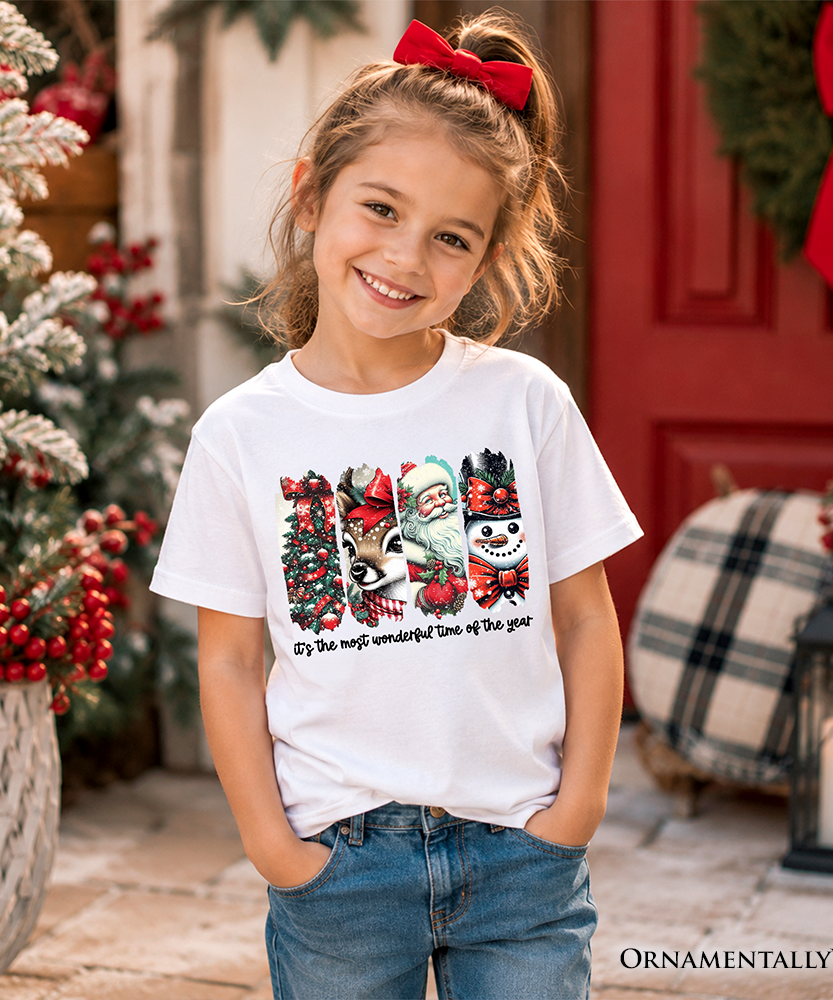 Kids It's Most Wonderful Time Of The Year T-Shirt, Reindeer, Santa, Snowman Vintage Youth Tee for Christmas